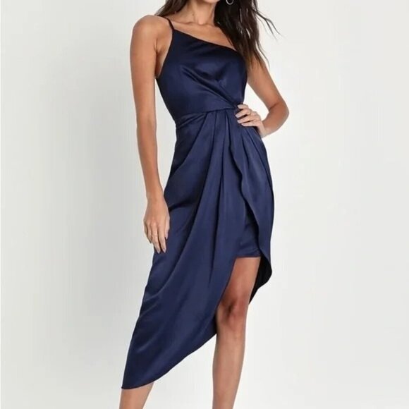 LULU’S Law Of Attraction Navy Blue One Shoulder Asymmetrical Midi Dress Sz Large - Picture 1 of 6